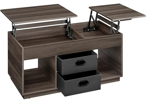 VASAGLE Coffee Table, Lift Top Coffee Table with 2 Drawers and Hidden Compartments, Centre Table with Lift Tabletop, Open Compartments, for Living Room, Home Office, Ash Brown LCT210K02