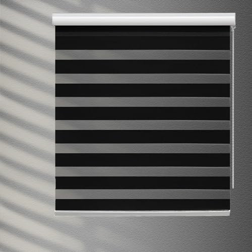 YIIBAII Day and Night Roller Blinds Zebra Blinds Blackout or Translucent Vision Roller Shades for Windows and Doors（W 85cm x L 150cm,Black）