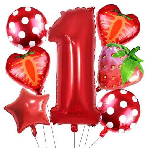 Set di 7 palloncini alla fragola, 1 nastro, 1 cannuccia, palloncino rosso alla fragola, accessorio decorativo per feste di fragola