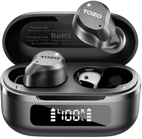 TOZO NC9 In-Ear Kopfhörer Kabellos Bluetooth 5.3 mit Hybrid Active Noise Cancelling, 6 Mikrofone für klare Anrufe, App-Steuerung, 59 Std. Akku, IPX8 wasserdicht, LED-Anzeige, tiefer Bass – Schwarz