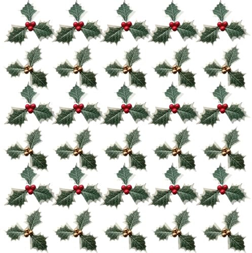 Elepl 30 Pièces Baies de Houx Artificielles avec Feuilles Vertes Branches de Faux Baies Rouge et Or pour Décoration de Couronnes de Noël et éTiquettes Cadeaux et Fabrication de Cartes