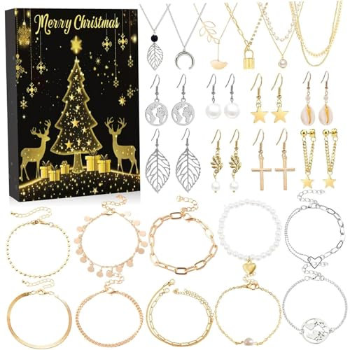 SWEETBIUTI Schmuck Adventskalender 2024 Gold Silber Schmuck Adventskalender umfasst Ohrringe, Halsketten 24 Tage Weihnachts -Countdown -Adventskalender für Kinder, Erwachsene