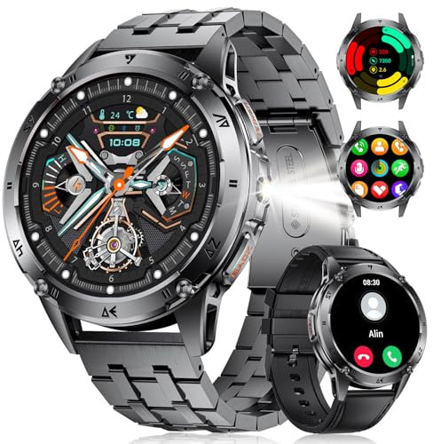 FOXBOX Smartwatch Herren mit Telefonfunktion Taschenlampe,1.43'' AMOLED 530mAh IP68 Wasserdicht,100+ Sport Modi Smart Watch Herzfrequenz Blutdruckmessung Schlafmonitor Android iOS, Tiefschwarz