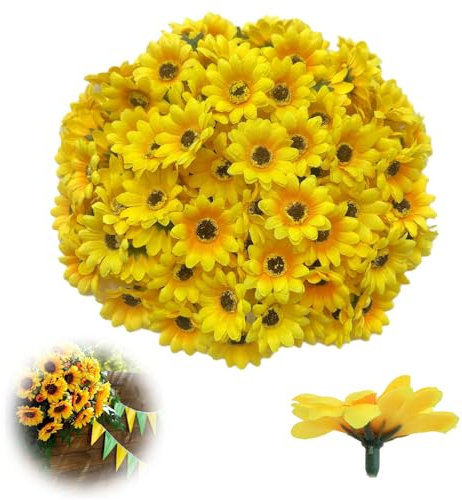 Jormftte 50 Stück Künstliche Sonnenblumenblütenköpfe, Partydekorationsblumen, 4 cm Künstliche Blumenköpfe für Hochzeit Party Tischdeko Fotografie DIY Handwerk Dekoration (Gelb)