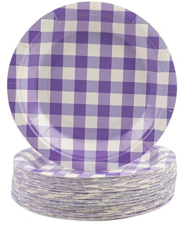 HFBOBP 50 Stück Gingham Teller, 18cm karierte Pappteller kariert Dessertteller Einweg Party Teller Geschirr Geschirr für Picknick Hochzeit Geburtstage Camping Party Supplies Dekorationen (Lila, 18cm)