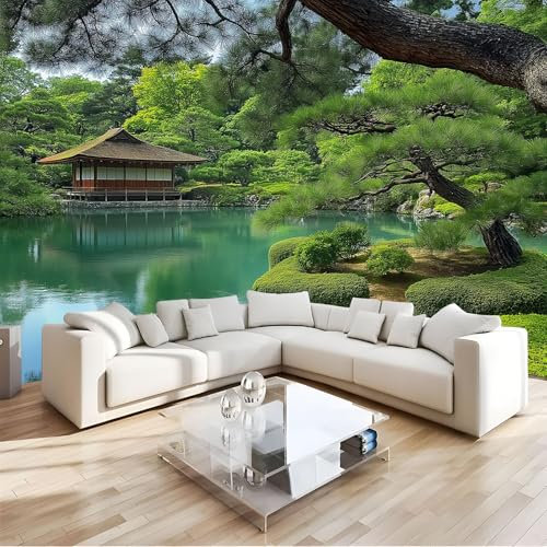 Japanischer Garten 3D Fototapete 250X175Cm (B×H), Teehaus Teich Tapete Modern Seidentuch Hintergrundbild Wandbilder, Riesiges Bild Wohnzimmer Schlafzimmer Kinderzimmer Dekoration