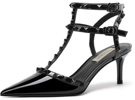 Damen-Sandalen mit Nieten, spitzer Zehenbereich, Fesselriemen, nietenbesetzter Kitten Heel Pumps, Slingback, Party- und Alltagsschuhe, Abendschuhe,Schwarz,40 EU