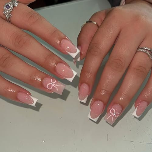 French Tip False Nails - 24Pcs French Tip False Nails Medium - Press on Nails with Elegant Pink Bow - Fake Nails with Glue - Reusable Glossy Full Cover Stick-on Art for Women Girls