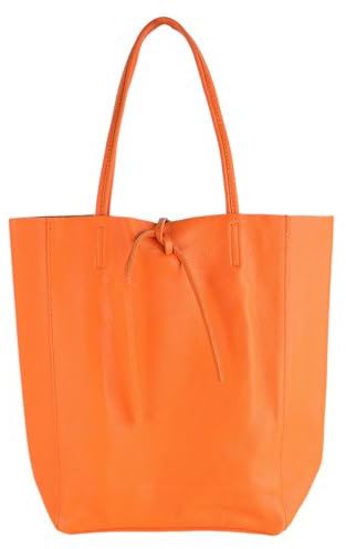 MIRROSI Shopper Damen aus Echtleder – Made in Italy – Henkeltasche & Tragetasche 38x38x16 cm – Einkaufstasche in vielen trendigen Farben – passt für A4-Ordner (Orange)