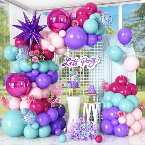 Kit de guirlande d'arche de ballons roses et bleu sarcelle avec ballons ronds en aluminium 4D en forme d'étoile violette pour anniversaire, fête prénatale, mariage, anniversaire de mariage