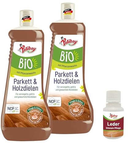 POLIBOY BIO Parkett und Holzdielen Pflege - Bodenreiniger für Echtholzböden - Parkettreiniger mit Pflanzenwachs - 2x 1000 ml - Mit Produktprobe - Made in Germany