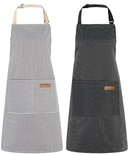 saerryor 2 Pack Unisex Adjustable Bib Apron with Pockets Black Blue