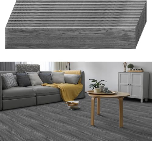 Eikuavons PVC Bodenbelag Selbstklebend, 7.5m² /54 Fliesen Vinylboden 91,44x15,24cm Dicke 2 mm, Rutschfest wasserfest Easy Clean Vinyl Fliesen für Schlafzimmer, Wohnzimmer, Dunkelgrau