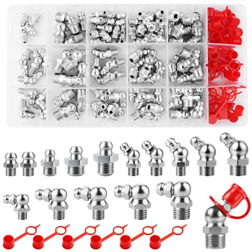 Nadisean 134 Pièce Graisseur M1/8 M1/4 M6 M8 M10, avec Couvercle, a Visser | Nickelé Filetage Mâle Graisseurs 45°90°180°, Assortiment de Graisseurs avec Boîte, Raccords de Graisse pour Mécanique
