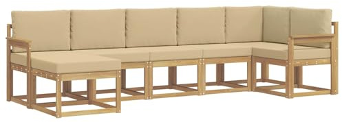 vidaXL Outdoor-Sofagarnitur mit Kissen 7 pcs Weiß und Beige Polyester, Modularer Gartensofa-Set, modernes Outdoor-Sofa, wetterfester Terrassenmöbel, Akazienholz, braunes Sitzen