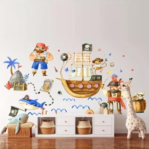 Piraten Wandtattoo mit Piratenschiff, Schatzkarte, Hai, Papagei, Affe und Schatztruhe, Selbstklebender Wandaufkleber, Rückstandslos Entfernbar, Kinderzimmer Wanddekoration