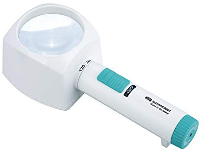 Standlupe – Leselupe mit Ständer und LED Licht, 4500 K neutralweiß, Made in Germany, Batteriebetrieb, 4-fache Vergrößerung (12D), asphär. Linse 70 mm, kontrastreich, SCHWEIZER ÖKOLUX plus