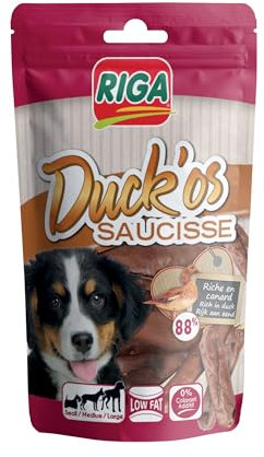 Duck'Os Riga Saucisse - Friandises Chien - Saucisses 88% De Canard - Riche en Protéines - sans Colorant Ni Additifs - Récompenses Naturelles Idéales - 90 g