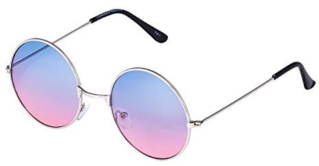 Ultra Silver with Blue to Pink Lenses UV400 Round Sunglasses for Men & Women - Unisex Retro Large Round Glasses with Spring Comfort Fit Hinges - UVA UVB Protection Circle Sunglasses - Metal Framed