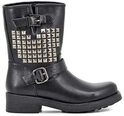 QUEEN HELENA Stivaletti Neri con Borchie Biker con Tacco Bassi Casual Comodi Donna X23-104 (Nero, numeric_36)