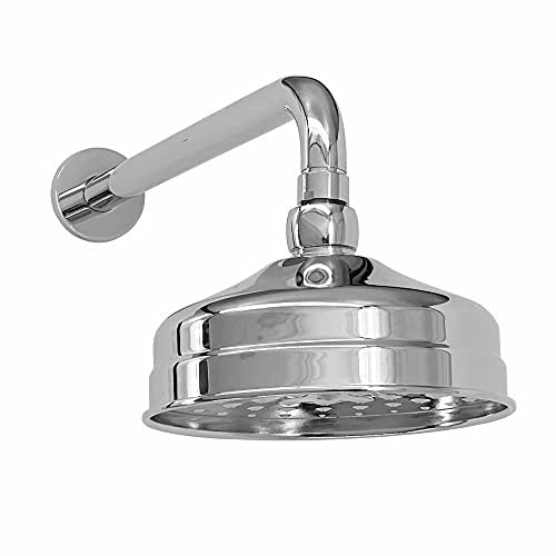 ENKI, RA052, 150mm Traditional Wall Mounted Fixed Small Shower Head Chrome, Solid Brass, 320mm Shower Arm, Round Rose, Mixer Rainfall Shower, Modern Design Easy Clean & Easy to Install