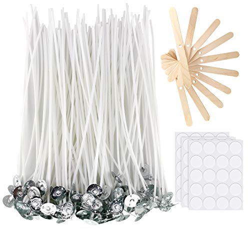 Kerzendochte 100 Stück 15,2 cm mit 30 Stück Kerzendocht-Aufklebern und 10 Stück hölzernen Kerzendocht-Zentriervorrichtung für Soja-Bienenwachskerzen und Kerzen-DIY-Weihnachtsgeschenk.