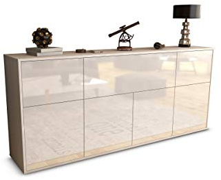 Stil.Zeit Sideboard Amon, Korpus Weiss matt, Front Hochglanz-Design Weiß (180x79x35cm) Push-to-Open Technik & Leichtlaufschienen
