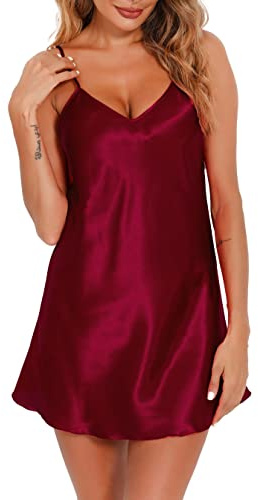 Vlazom Camicie da Notte da Donna, Babydoll Donna Sexy Sottoveste Senza Maniche Cinturino Sottoveste Seta Regolabili Spalline Lingerie Donna Notte,S,A-Rosso Viola