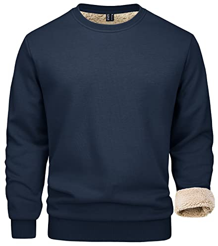 MAGCOMSEN Sweatshirt Herren Fleece Pullover Gefüttert Sport Pulli Winter Langarm Shirt ohne Kapuze für Männer Dunkelblau S