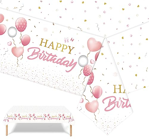 POPOYU Plastique Nappe Anniversaire,137x274cm Nappe Fête Rose Decoration Joyeux Anniversaire,Jetables Nappe Décorées de Fête pour Intérieur Extérieur Deco Table Anniversaire