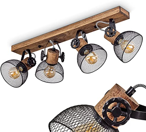 Deckenleuchte Orny, Deckenlampe im Vintage-Design aus Holz/Metall in Braun/Schwarz m. Schirmen in Gitter-Optik, Lampe m. Holzbalken, Textilkabeln u. verstellbaren Strahlern, 4x E27, ohne Leuchtmittel