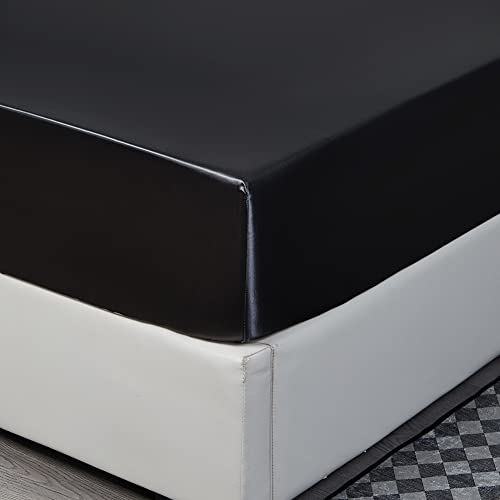 Nayoroom Spannbettlaken Satin 140x200cm Schwarz Seide Glanzsatin Glatt und Bequem Microfaser Spannbetttuch Bettlaken für Boxspringbett Topper Matratze bis 25 cm
