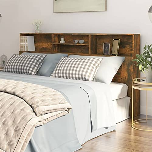 Norheim Kopfteil mit Ablagen Kopfteil Für Bett Kopfenden Bett Kopfteil Holz Kopfteil Bett Rueckenlehne Bett Dekoratives Kopfteil Räuchereiche 200x19x103,5 cm