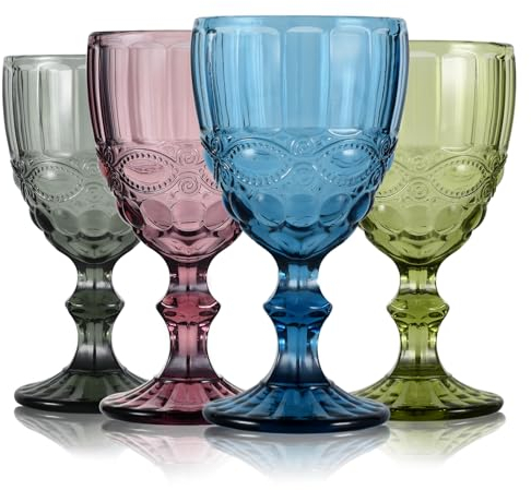 Wongblee Copas de vidrio vintage de 10.8 onzas, vasos con tallo en relieve, vasos de colores surtidos para vino, agua, jugo, bebidas, juego de 4