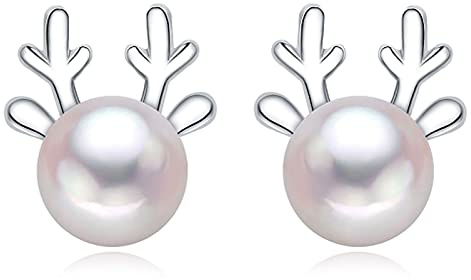 Zolkamery Silber Weihnachten Ohrringe Damen, 925 Sterling Silber Weihnachts Ohrstecker, 10mm Klein Schlafen Ohrstecker, Schneeflocke Elch Perle Zirkon Weihnachtsmann Ohrstecker Silber für Damen