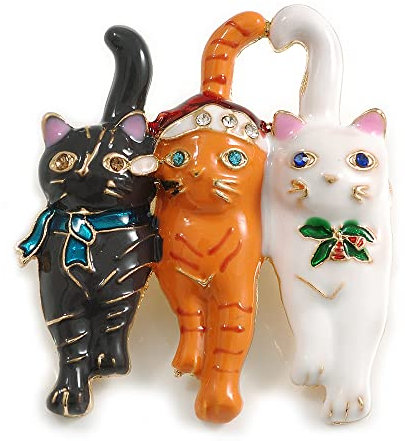 Avalaya Broche en forme de chat en émail noir/orange/blanc - Ton doré - 50 mm de haut, taille unique, Émail