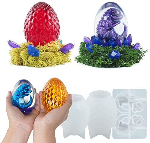 Yalulu 3 x Dinosaurier Kristall Nachtlicht Epoxidharz Formen, 3D Dracheneier Silikonform,Silikonformen DIY Kristall Epoxidharz Kugelformen