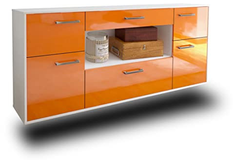 Lqliving Kommode Sideboard Visalia, Korpus in Weiss matt, Front im Hochglanz-Design Orange (180x77x35cm), inkl. Metall Griffen, Wandmontage, Made in Germany