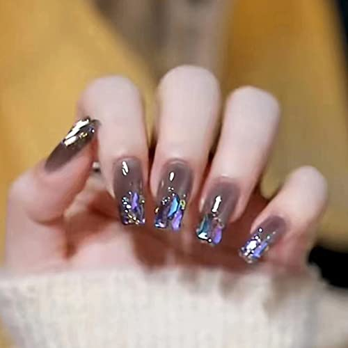 WOOXDYUK 24 Pcs French Long Press on Nails Shiny Aurora False Fake Nails Press On Artificial Nails for Women Stick on Nails with Jelly Glue