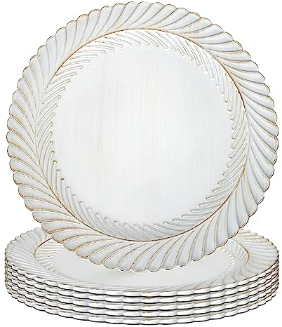 Gifturbo Antique White Charger Plates, 13 Round Chargers for Dinner Plates, Plastic Floral Plate Chargers with Embossed Rims for Wedding,Party, Table Setting,Decoration,Set of 6