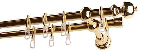 Garesa Gardinenstange Andrea Ø 20mm, 2-läufig, Messing I Stabile Vorhangstange inkl. Ringe + Faltenlegehaken I Mit Endknopf Profil klein I 350cm