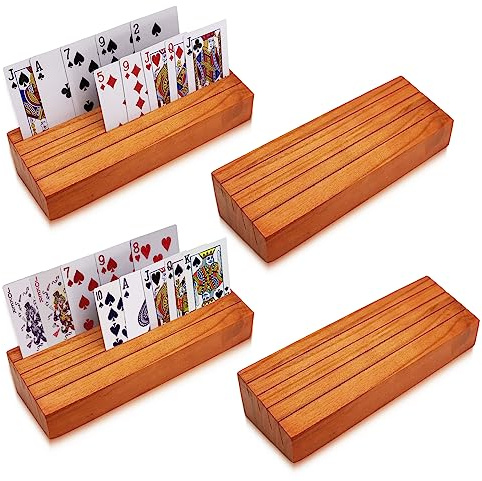 Iswabard Card Holders for Playing Cards Holder Stand Wood Playing Card Holder for Kids Canasta Holder for Adults Seniors Card Deck Crowns Uno Games Set of 4(Orange)