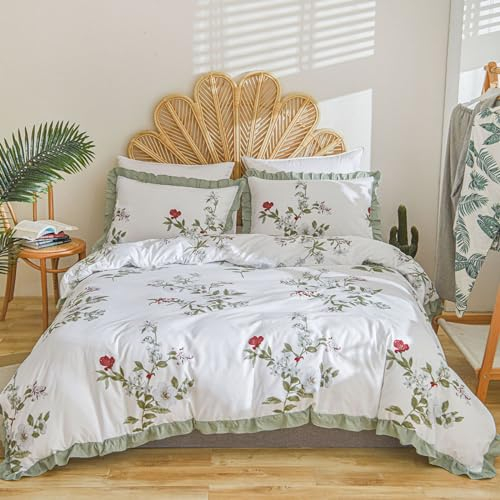 Freyamy Bettwäsche 135x200cm 2teilig Weiß Rot Blumen Rüschen Wendebettwäsche Microfaser Weiche Bettwaren-Sets Romantisch Mädchen Bettbezug mit Reißverschluss und Kissenbezug 80x80cm