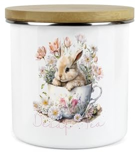 Purely Home Bunny Rabbit Kitchen Decaf Tea Storage Canister - Teacup Bunny Metal Enamel Hot Drinks Storage Container