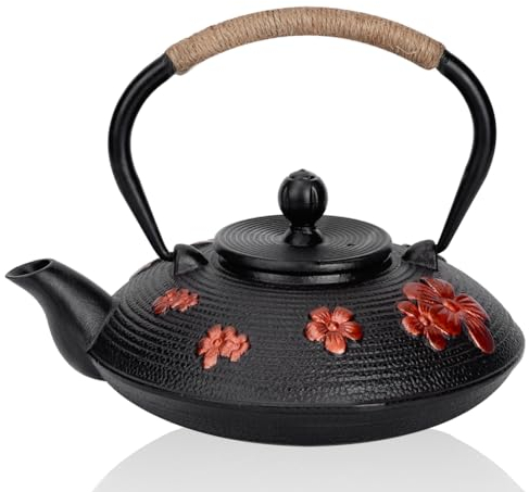 Bouilloire à Thé, 0,9 L En Fonte Rouge Motif Cerise Orientale Type Crochet Droit Bec Verseur Théière Pour la Maison Noir