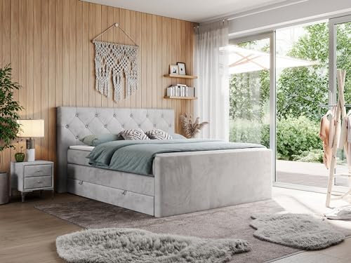 MKS MEBLE King Boxspringbett 180x200, Polsterbett 180x200 mit Bettkasten, Bett 180x200 mit Multipocket-Matratze H3, Boxspringbett 180x200 mit Kopfteil und Topper - H3 Hellgrau Velvet - Velen