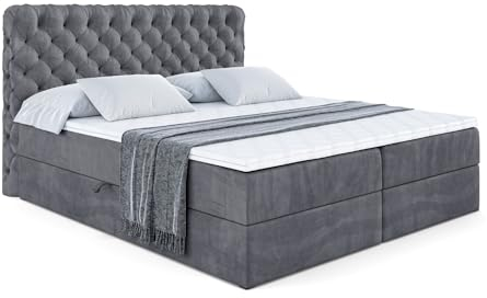 ALTDECOR Boxspringbett mit Matratze und Lattenrost, Boxbett, Topper, Polsterbett mit Bettkasten, Bett mit Stauraum H4-Matratze, Doppelbett, Springboxbett - BOXI8-200x200 - Dunkelgrau Samt