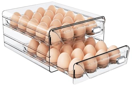 Caja de huevos transparente con cajón, doble capa bandeja de huevos de plástico con tapa, almacenamiento de huevos para nevera apilable, gran dispensador de huevos, hasta 40 huevos (doble capa)