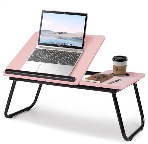 Warmiehomy Laptop Desk, Laptop Bed Table with Foldable Legs & Cup Slot,Reading Holder Notebook Stand with Adjustable Height Angle,Laptop Bed Tray for Bed Sofa Breakfast Work Study Reading (Pink)