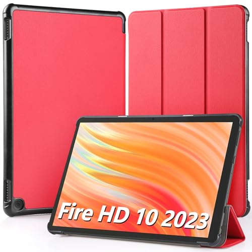 Hianjoo Funda Compatible con Fire HD 10 10.1 2023, Funda para Tableta Protectora Delgado Inteligente de Cuero Función de Soporte Carcasa Compatible con Fire HD 10 2023 (No para HD 10 2021), Rojo